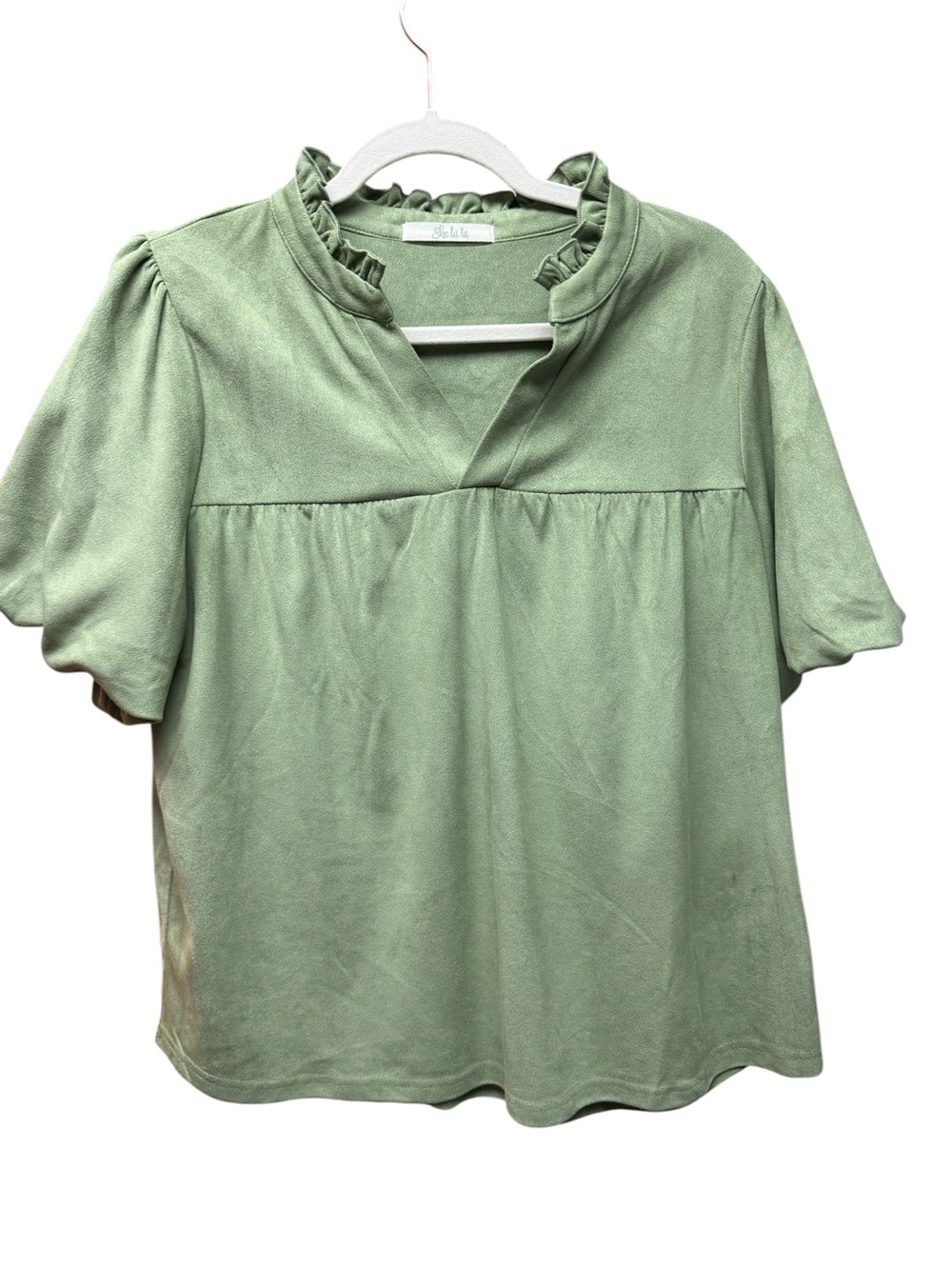 She La La Sage Green Faux Suede Ruffle Neck Babydoll Top - M